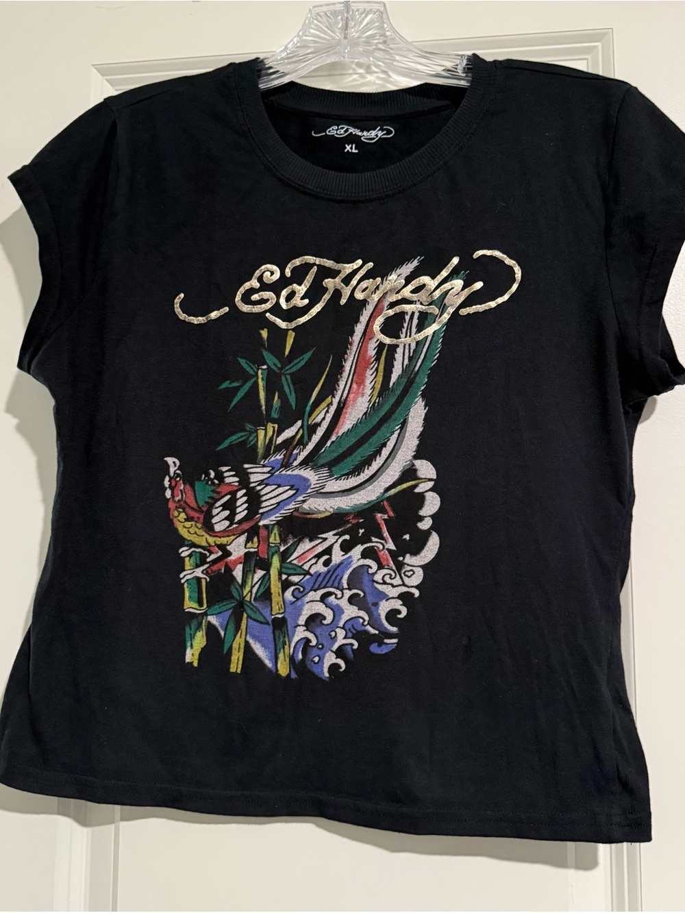Ed Hardy Black Tee with Gold Script and Colorful Bird Graphic